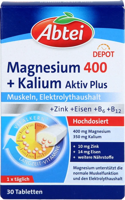 Abtei Magnesium 400 + Kalium Aktiv Plus Tabletten, 30 Stück
