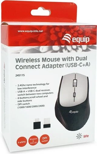 Equip Life Wireless Mouse with Dual-Connect Adapter, grau/schwarz, USB