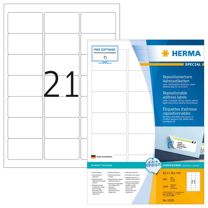 Herma Adressetiketten, 63.5x38.1mm, ablösbar, weiß, matt, 100 Blatt (2100 Etiketten)