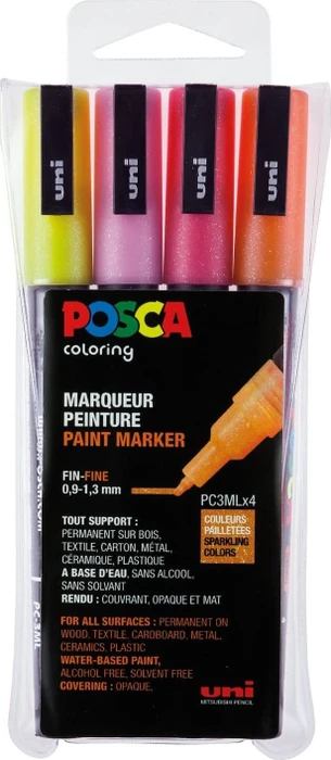 Uni-Ball POSCA PC-3ML Acrylmarker Glitterfarben warm/hell sortiert, 4er-Set