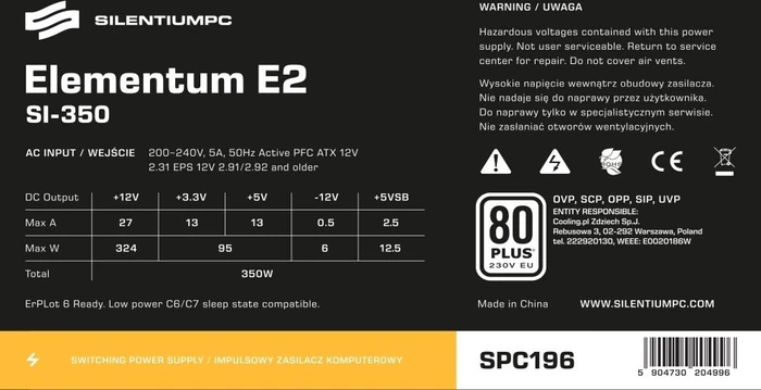 Endorfy SilentiumPC Elementum E2 350W, ATX 2.31, bulk