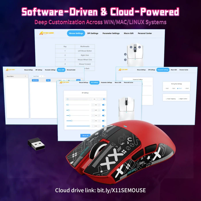 Attack Shark X11SE Wireless Gaming Mouse rot, inkl. Grip Tape, USB/Bluetooth