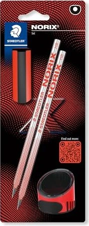 Staedtler NORIX 181 Bleistift HB graphit, korallenrot, Blister, Radierer, Anspitzer, 4er-Set