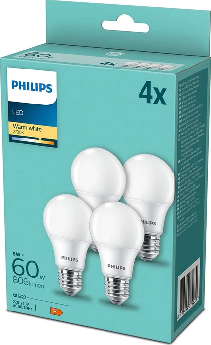 Philips LED Birne E27 8-60W/827, 4 Stück