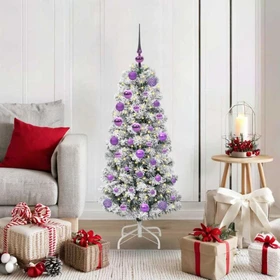 vidaXL Künstlicher Weihnachtsbaum schlank mit Schnee, 120cm, inkl. LED-Beleuchtung