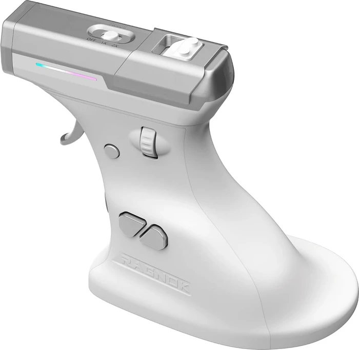 Ragnok ErgoStrike7 Wireless Gun Mouse mit Rückstoß-Funktion, vertikal, weiß/silber, USB/Bluetooth