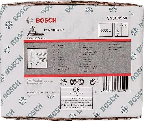 Bosch Professional SN34DK 50 D-Kopf Streifennagel 34° glatt geharzt Tacker-Nägel, 50x2.8mm, 3000 Stück