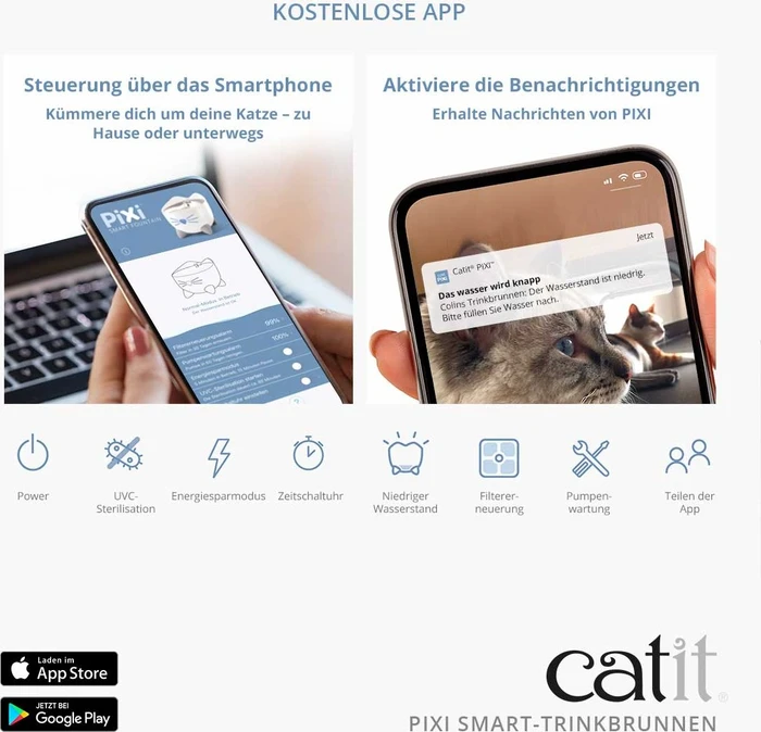Catit PIXI Smart-Trinkbrunnen, LED-Statusanzeige, Trockenlaufschutz, Edelstahleinsatz, UV-C Wasserfilter, WLAN, 2.5l, weiß