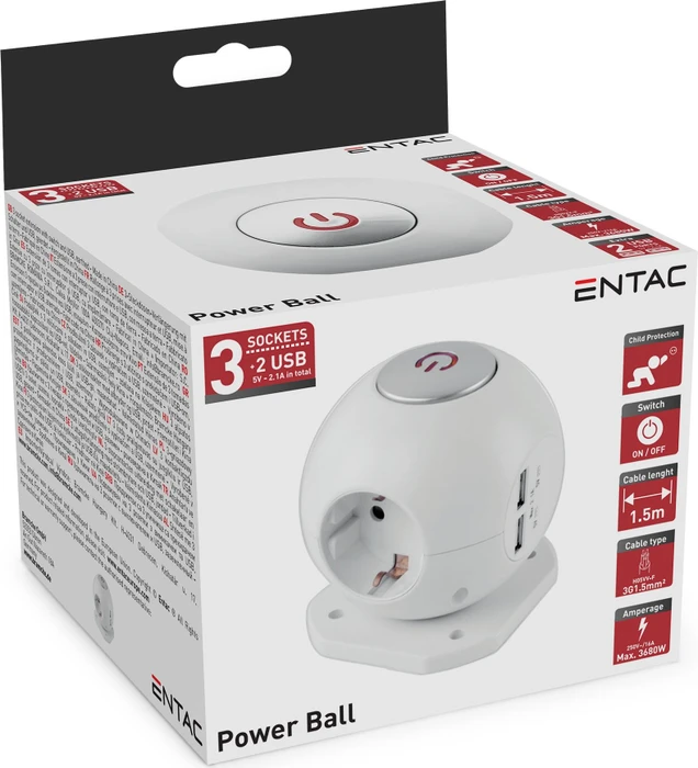 Entac Power Ball, 3-fach, 2x USB-A, 1.5m, weiß