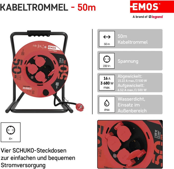 Emos Gummi-Kabeltrommel, Schuko auf 4x Schuko, 50m, IP44, H05RR-F 3G2,5