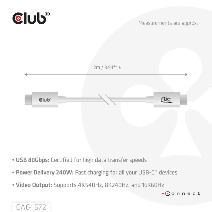 Club 3D USB-C Kabel, USB4 Gen4x2, 80Gb/s, 8K240Hz, 240W PD EPR, USB-C Stecker auf USB-C Stecker, 1.2m, weiß