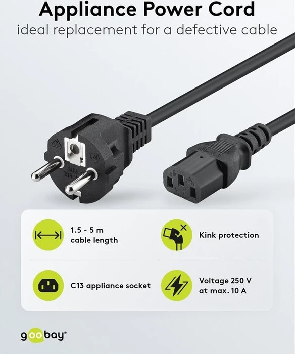 Wentronic Goobay Kaltgeräte Netzkabel, Schutzkontakt auf Kaltgerätestecker C13, schwarz, 1.5m