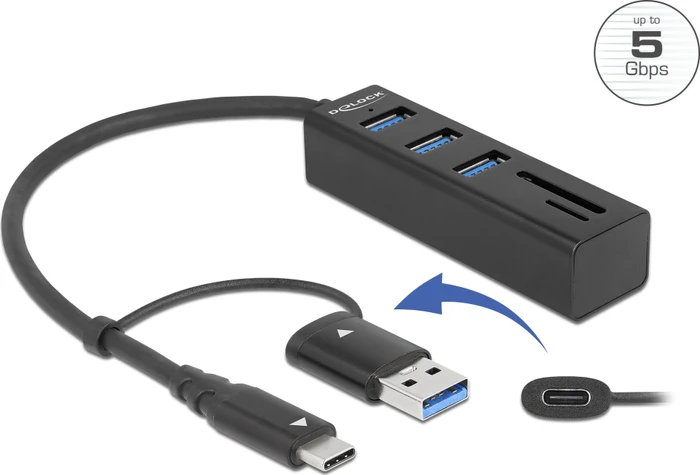 DeLOCK 3-Port USB-Hub mit Cardreader, USB-C 3.0/USB-A 3.0 [Stecker]