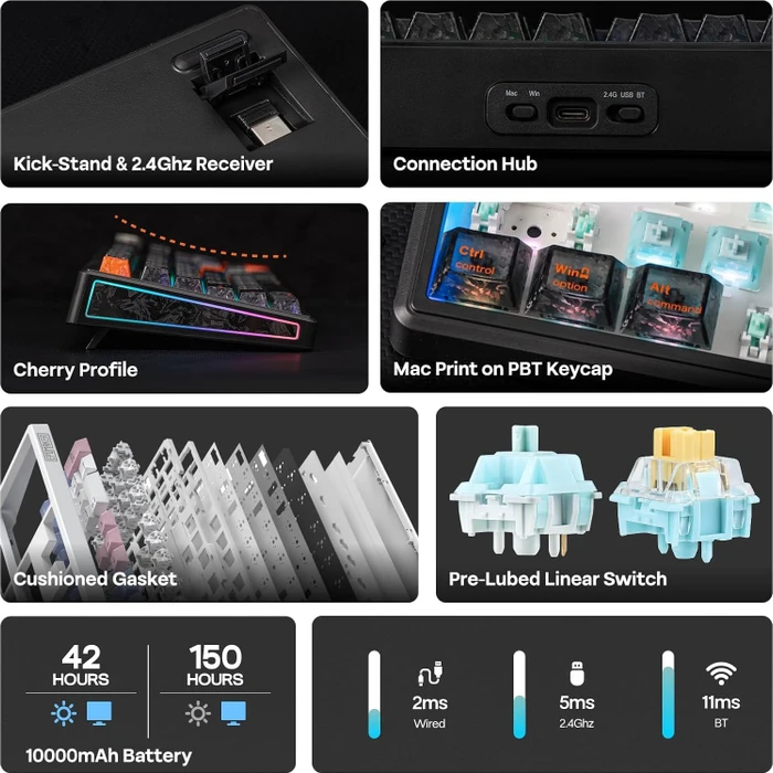 Epomaker TH108 V2 Pro Wireless, Black, LEDs RGB, hot-swap, Epomaker Sea Salt Silent V2, USB/Bluetooth, US