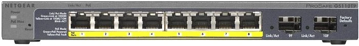 Netgear ProSAFE GS110 Desktop Gigabit Smart Switch, 8x RJ-45, 2x SFP, 46W PoE