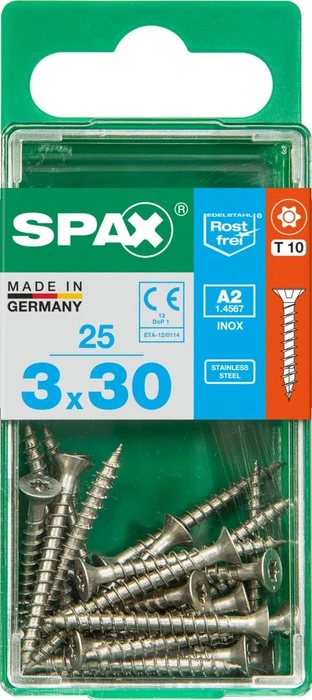 Spax Edelstahl rostfrei A2 4CUT T-STAR plus T10 Universalschraube, 3x30mm, 25 Stück