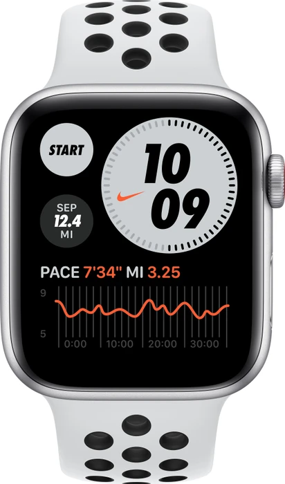 Apple Watch Nike SE (GPS + Cellular) 44mm silber mit Sportarmband platinum/schwarz