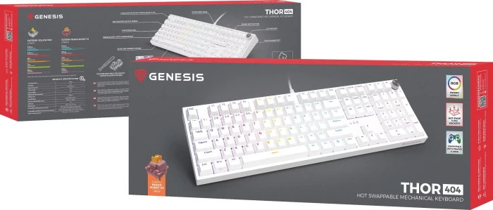Genesis Thor 404, weiß, LEDs RGB, hot-swap, Gaote Outemu SILENT PEACH, USB, US