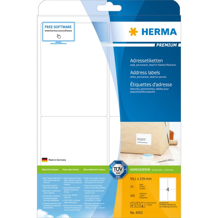 Herma Etiketten Premium, 99.1x139mm, weiß, matt, 25 Blatt (100 Etiketten)