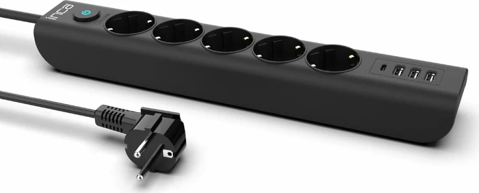 Inca IPW-44TU Steckdosenleiste mit Schalter, 5-fach, 3x USB-A/1x USB-C, 1.5m, schwarz