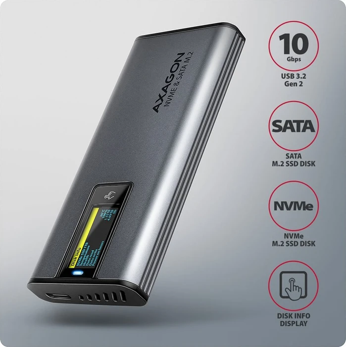 Axagon M.2 Festplattengehäuse, M.2 PCIe, Display Box, USB-C 3.1