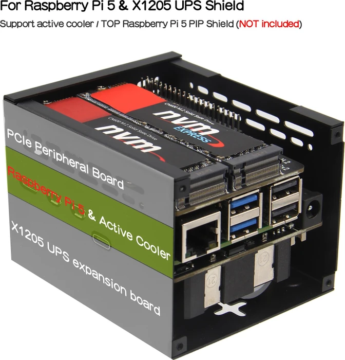 Geekworm Gehäuse für Raspberry Pi 5 X1205 Shield, schwarz