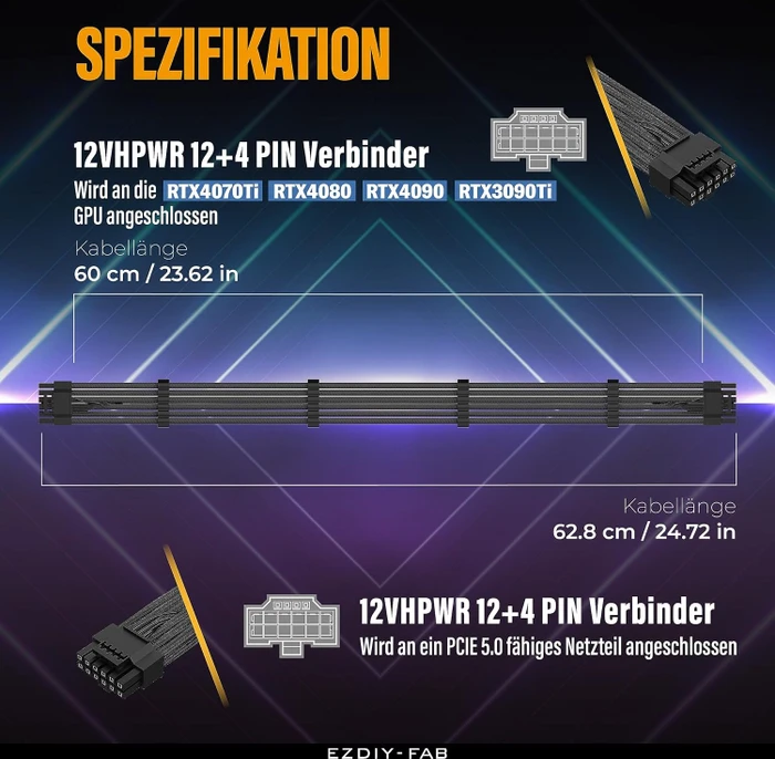 EZDIY-FAB 12VHPWR Kabel, 16-Pin PCIe 5.0 12VHPWR Stecker auf 16-Pin PCIe 5.0 12VHPWR Stecker, 16AWG, schwarz, 60cm