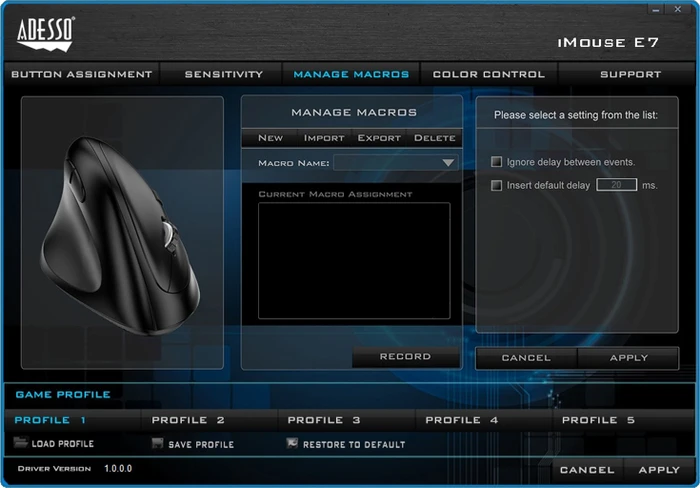 Adesso iMouse E7 Vertical Ergonomic Programmable Mouse schwarz, Linkshänder, USB