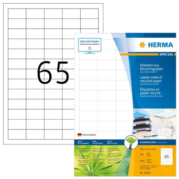 Herma Etiketten Recycling, 38.1x21.2mm, weiß, matt, 100 Blatt (6500 Etiketten)