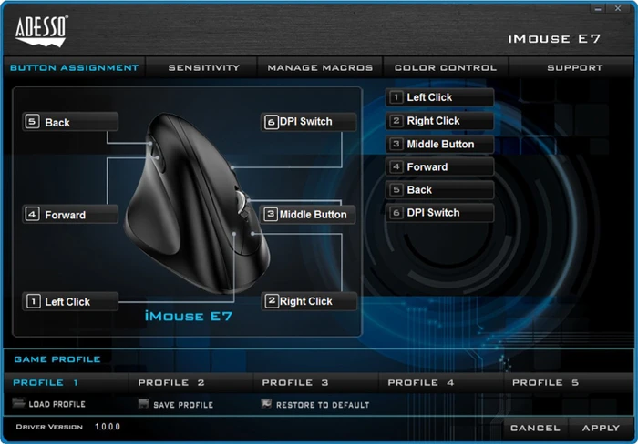 Adesso iMouse E7 Vertical Ergonomic Programmable Mouse schwarz, Linkshänder, USB