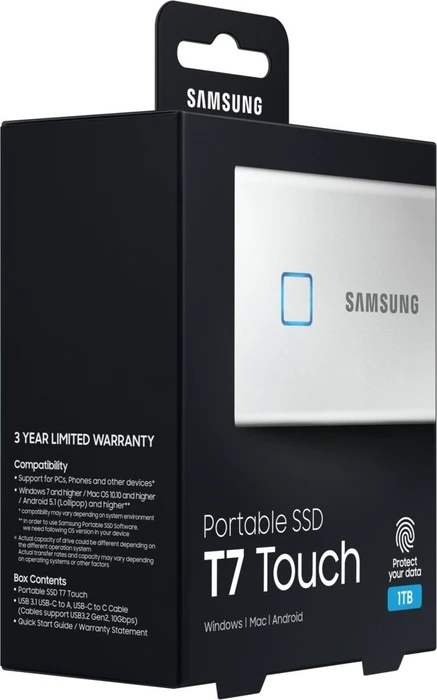 Samsung Portable SSD T7 Touch, Metallic Silver, 1TB, USB-C 3.1