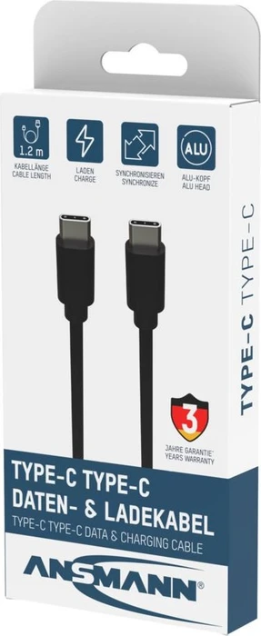 Ansmann USB-C Kabel, USB 3.0, 5Gb/s, 60W PD 3.0, USB-C Stecker auf USB-C Stecker, schwarz, 1.2m