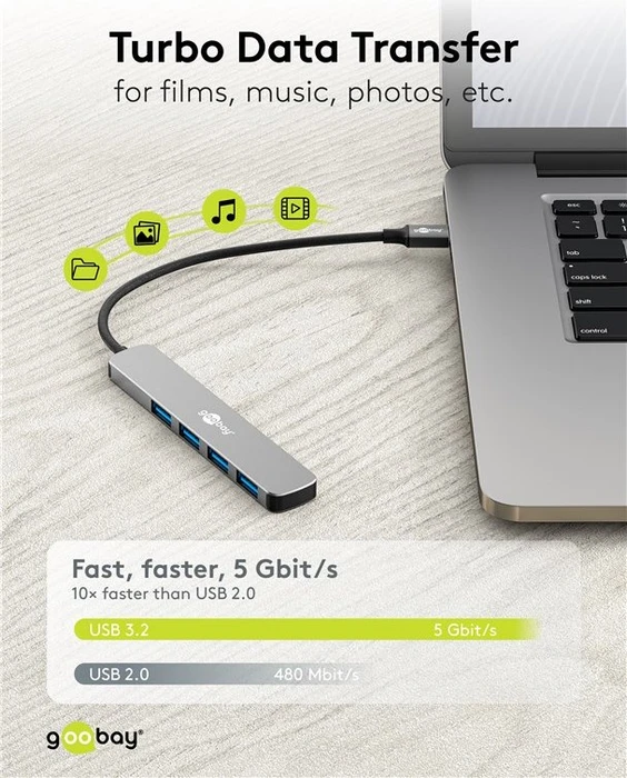 Wentronic goobay Slim 4-Port USB-Hub, 4x USB-A 3.0, USB-C 3.0 [Stecker]