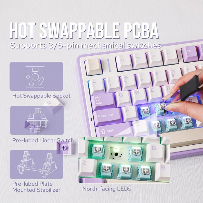 Epomaker x Aula F75, Purple, LEDs RGB, hot-swap, LEOBOG Reaper, USB/Bluetooth, US