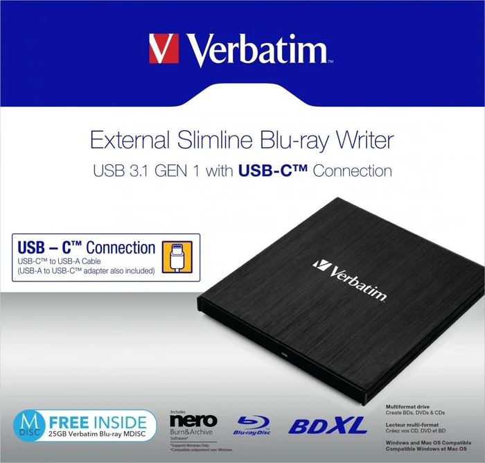 Verbatim External Blu-ray Writer, SlimLine, USB-C 3.0