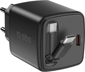 SBS Mobile 30W-Ladegerät mit einziehbarem Kabel USB-C GaN schwarz