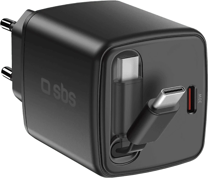 SBS Mobile 30W-Ladegerät mit einziehbarem Kabel USB-C GaN schwarz