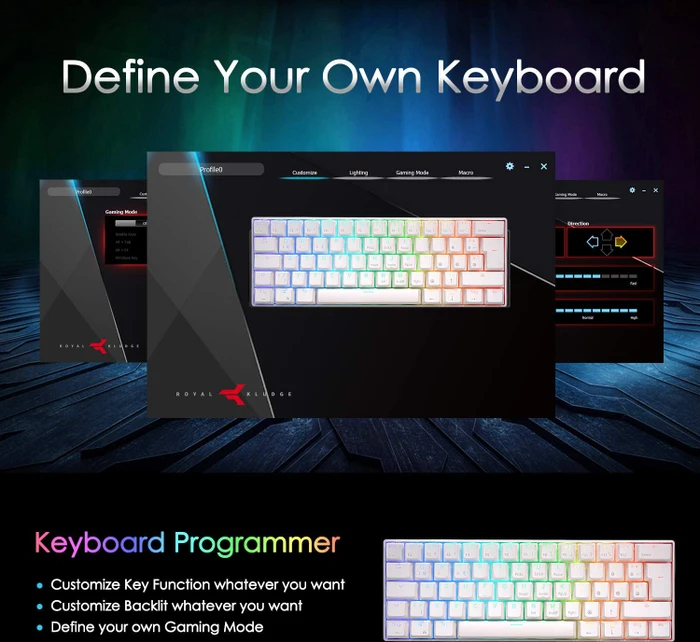RK Royal Kludge RK61 60% Wireless, weiß, LEDs RGB, Gateron BLUE, USB/Bluetooth, DE
