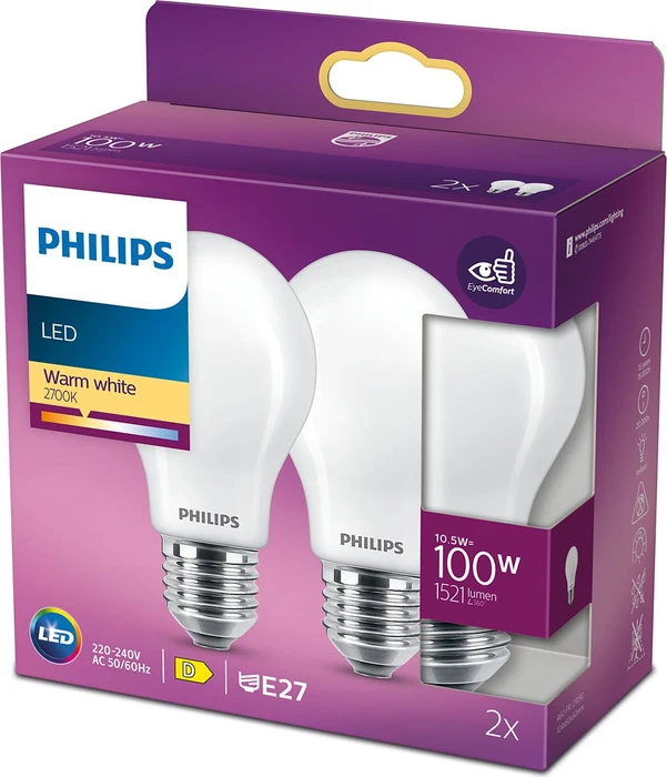 Philips Classic LED Birne E27 10.5-100W/827, 2 Stück
