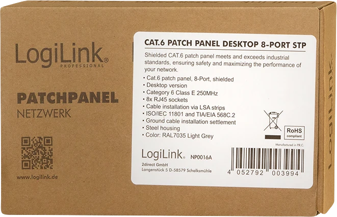 LogiLink Desktop Patchpanel Cat6, für Tisch/Wand, 8-Port, grau
