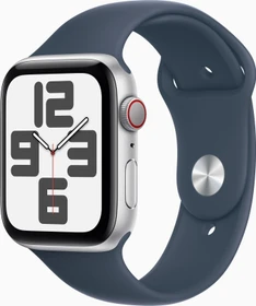 Apple Watch SE (2022) (GPS + Cellular) 44mm silber mit Sportarmband M/L sturmblau