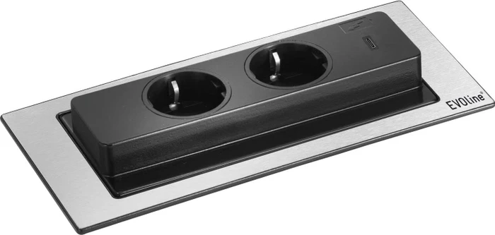 Schulte EVOLine BackFlip Cuisine, 2-fach, 1x USB-C, 2.5m, edelstahl gebürstet