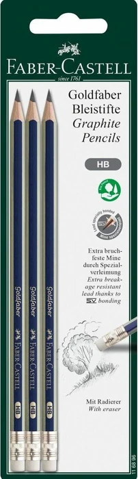 Faber-Castell Goldfaber Bleistift HB graphit, blau/gold, Radierer, 3er-Pack