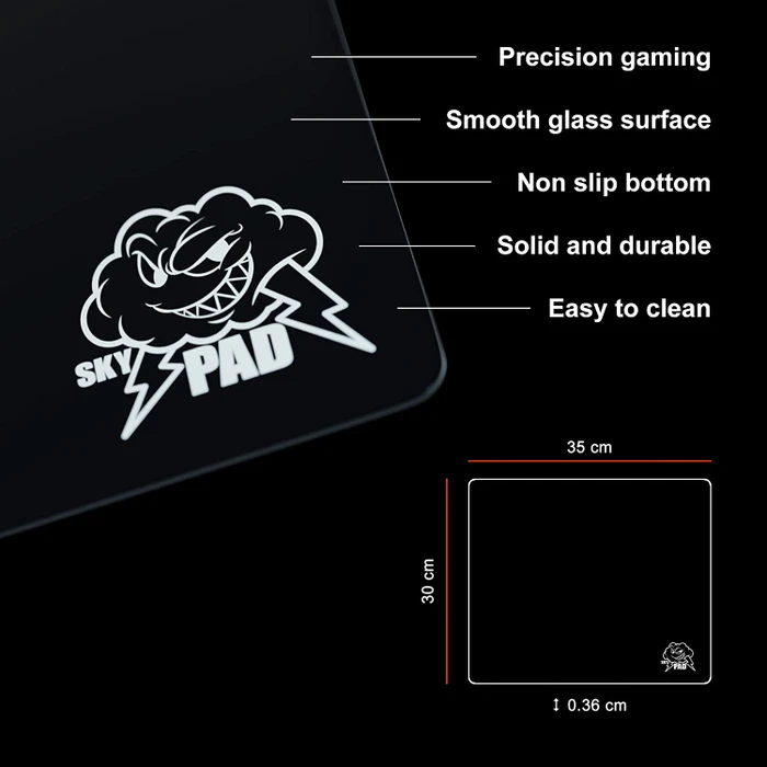 SkyPAD Glass 3.0 Gaming-Mauspad aus gehärtetem Glas, 350x300mm, Cloud Logo, schwarz