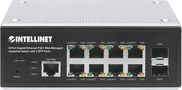 Intellinet Industrial Railmount Gigabit Managed Switch, 8x RJ-45, 2x SFP, 240W PoE+