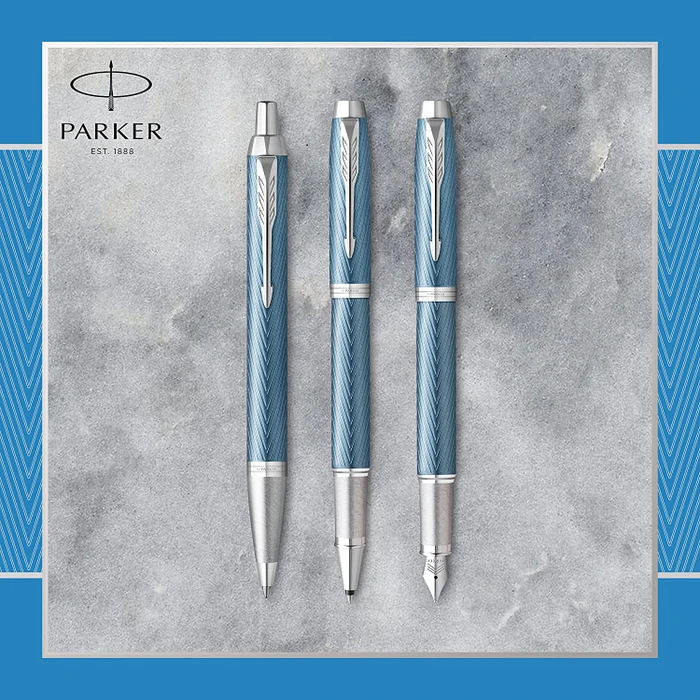 Parker IM Premium blue grey lacquer/chrome trim, rechte Hand, fein, Geschenkbox