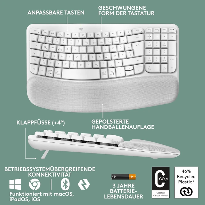 Logitech Wave Keys, Grauweiß, Logi Bolt, USB/Bluetooth, DE
