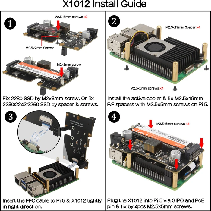 Geekworm X1012 PCIe auf M.2 Key-M NVMe+PoE Adapter-Board, M.2 M-Key 2230/2242/2260/2280 NVMe Slot für Raspberry Pi 5