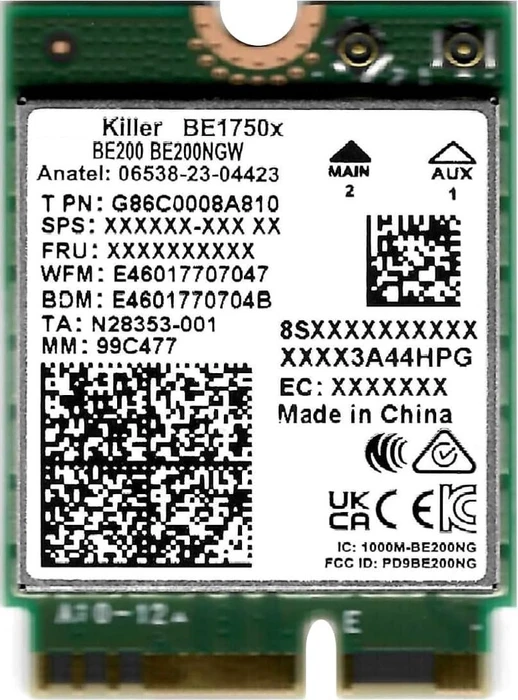Intel Killer Wi-Fi 7 BE1750 x, BE200 ohne vPro, 2.4GHz/5GHz/6GHz WLAN, Bluetooth 5.4, M.2/E-Key 2230