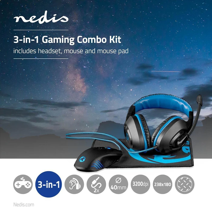 Nedis Evnor 3-in-1 Gaming Combo Kit mit Mouse, Mousepad und Headset, schwarz/blau, USB